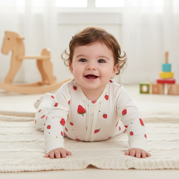 Baby wearing a white onesie with red strawberry pattern, lying on a rug in a room with toys.