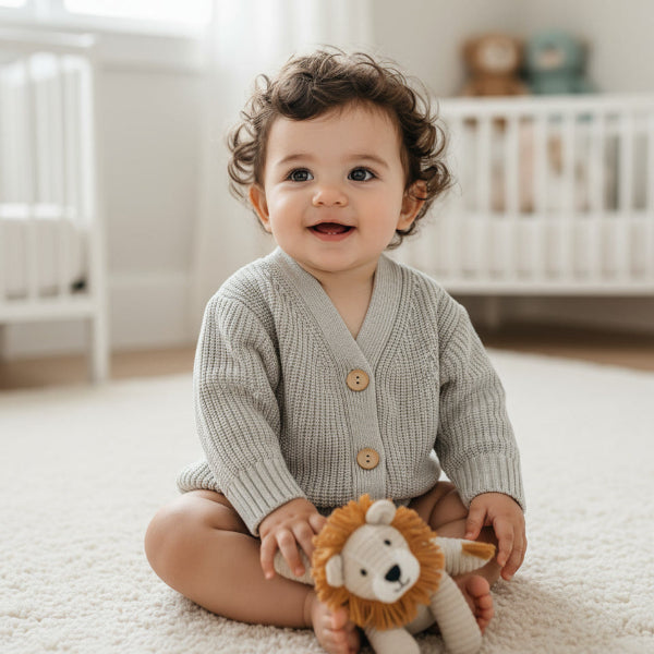 Baby sitting on a carpeted floor holding a plush lion toy in a nursery.