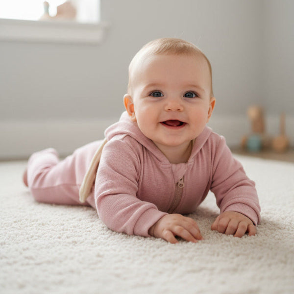 Baby in a pink outfit lying on a white carpet with a light gray wall and window in the background.