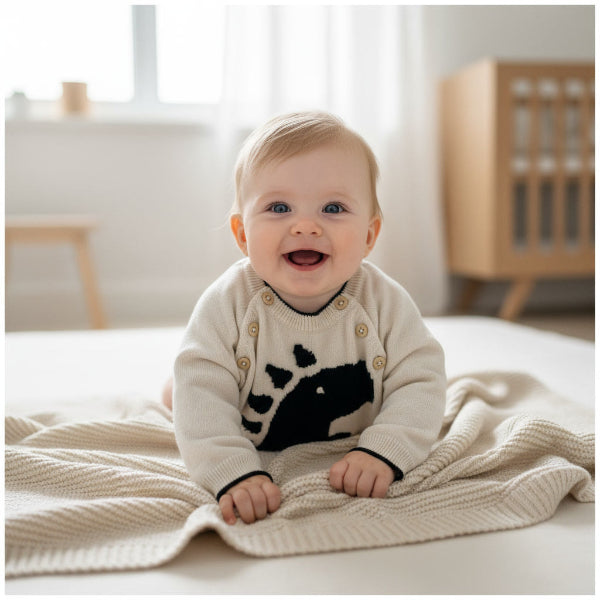 Baby wearing a sweater with a black design, sitting on a bed in a bright room.
