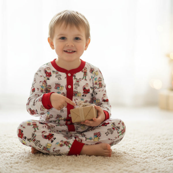 Child in festive pajamas holding a small gift box on a carpeted floor with blurred lights in the background