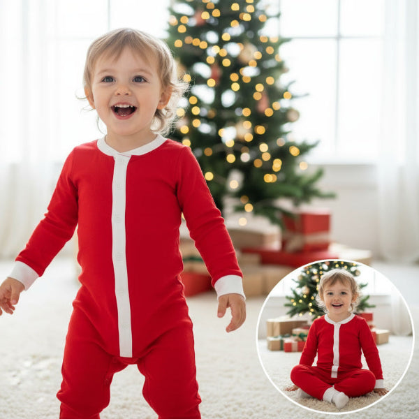 Child wearing a red and white onesie in a room with a Christmas tree.