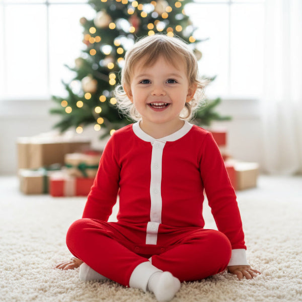 Child in red Christmas pajamas sitting on a carpet with a decorated tree in the background
