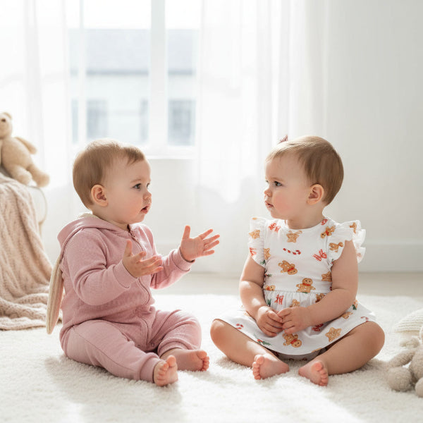 Two babies sitting on a white rug in a bright room, facing each other.