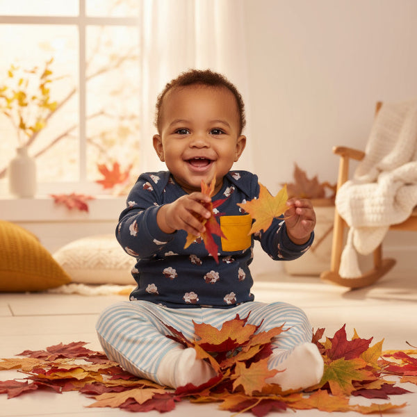 Child playing with autumn leaves indoors, surrounded by fall decorations.
