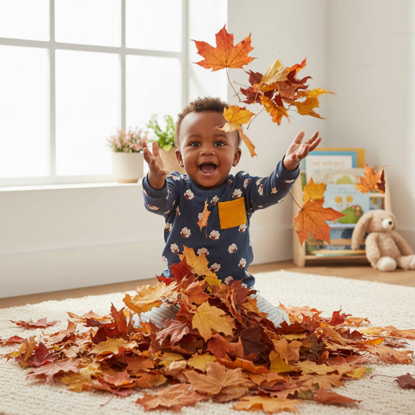 Child playing with autumn leaves indoors, surrounded by toys and a teddy bear.