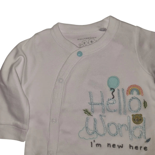 White cotton baby onesie with embroidered Hello World I’m new here design