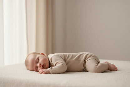 Newborn baby sleeping on a white blanket with a neutral background