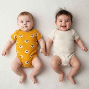 2 babies wearing bodysuits and smilling