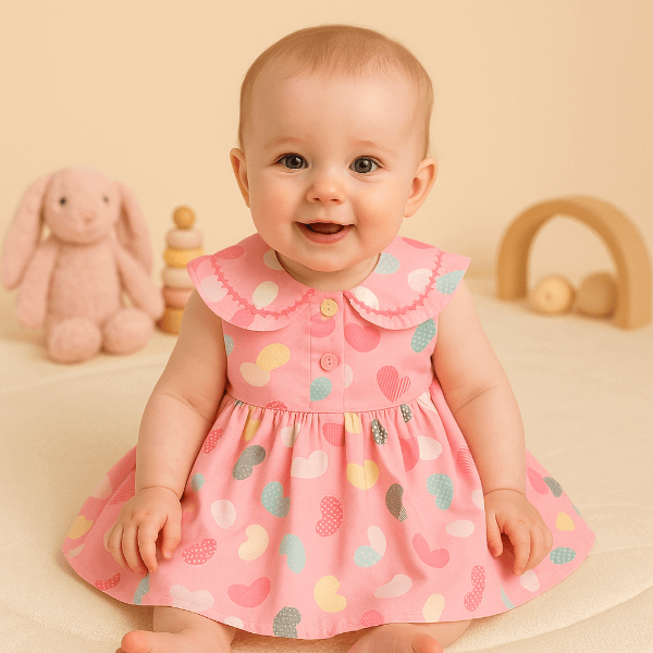 Pink Multicolour Heart Print Empire Dress - Cotton Baby - Image 3