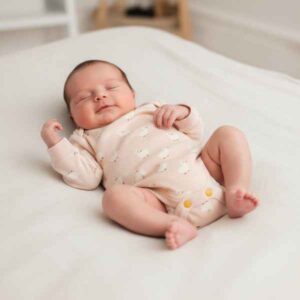 Newborn baby sleeping on a white bedsheet in a pale pink onesie.