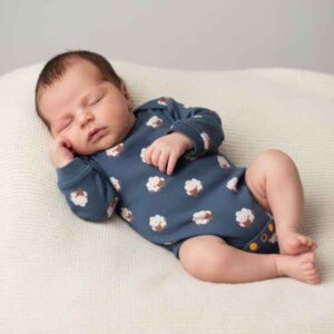 baby sleeping in dark blue bodysuit with sheep print