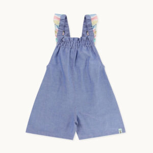 Blue children's romper with rainbow striped straps and shirred/elasticated top, knee-length design for warm weather