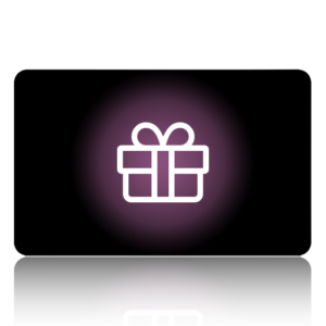 Gift box icon centered on a black rounded card with purple glow behind it, glossy reflection underneath