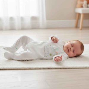 baby sleeping in white sleepsuit